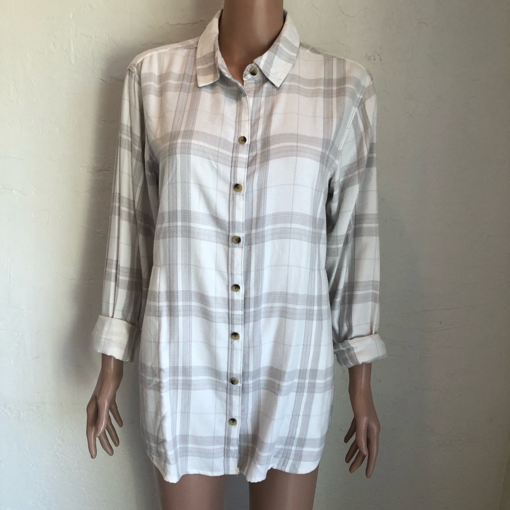 Jachs Girlfriend New York White/Taupe Plaid Flannel Shirt Women’s Size M Casual